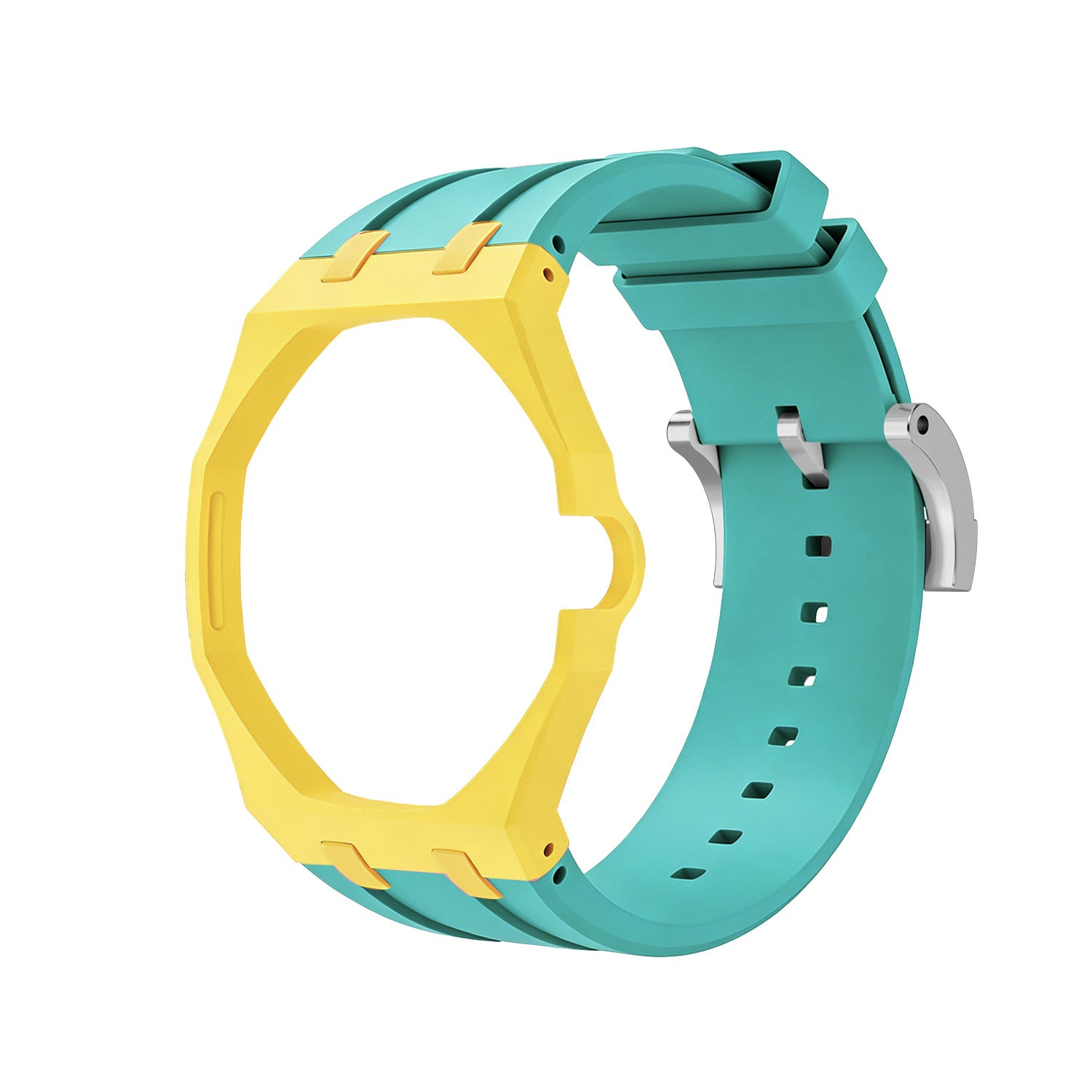 Bright Yellow Metal Case + Turquoise Silicone Strap Mod Kit | Royal Oak Style Replacement Set For G-Shock GA2100 GA-B2100